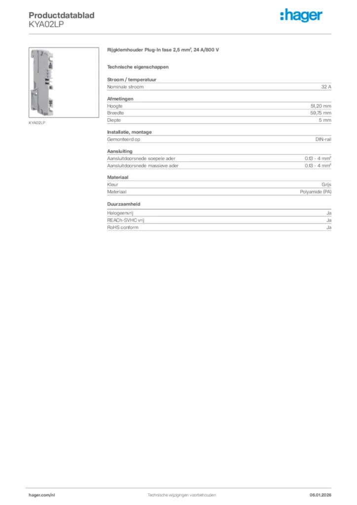 Afbeelding Hager Productdatablad KYA02LP | Hager Nederland