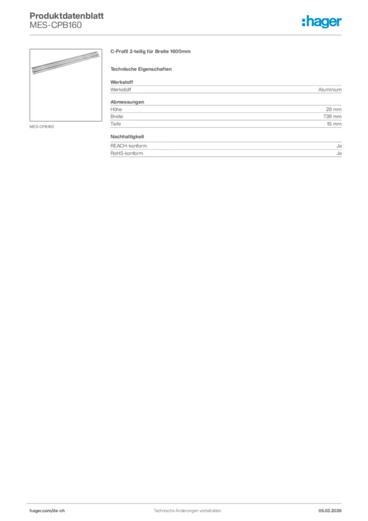 Bild Hager Produktdatenblatt MES-CPB160 | Hager Schweiz