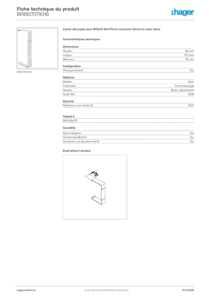 Image Hager Fiche technique du produit BR6517079016 | Hager Belgique