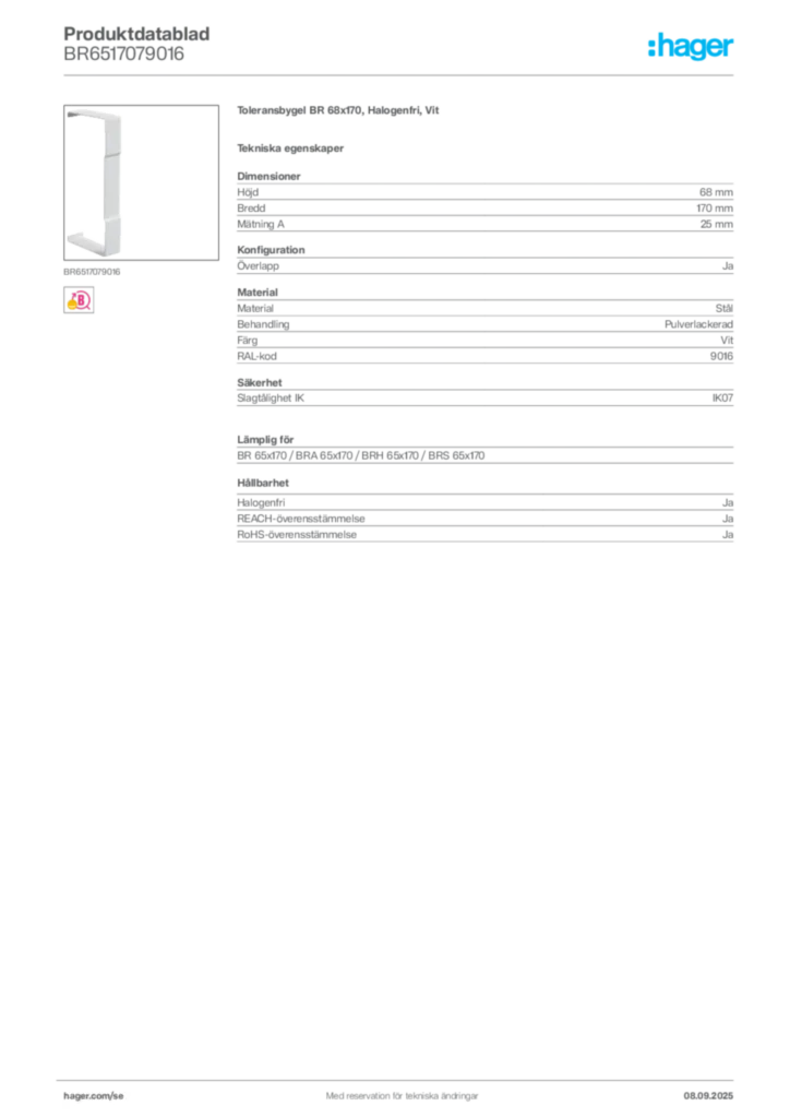 Bild Hager Produktdatablad BR6517079016 | Hager Sverige