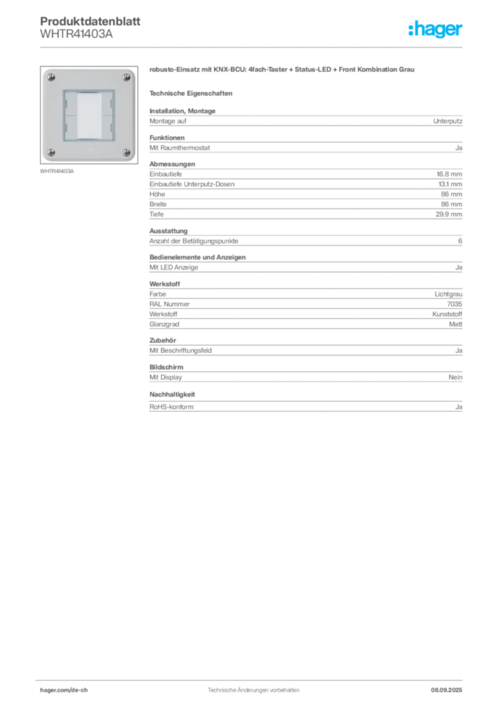 Bild Hager Produktdatenblatt WHTR41403A | Hager Schweiz