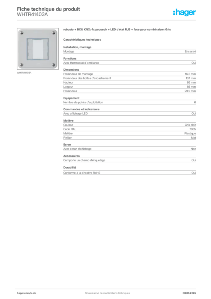 Image Hager Fiche technique du produit WHTR41403A | Hager Suisse