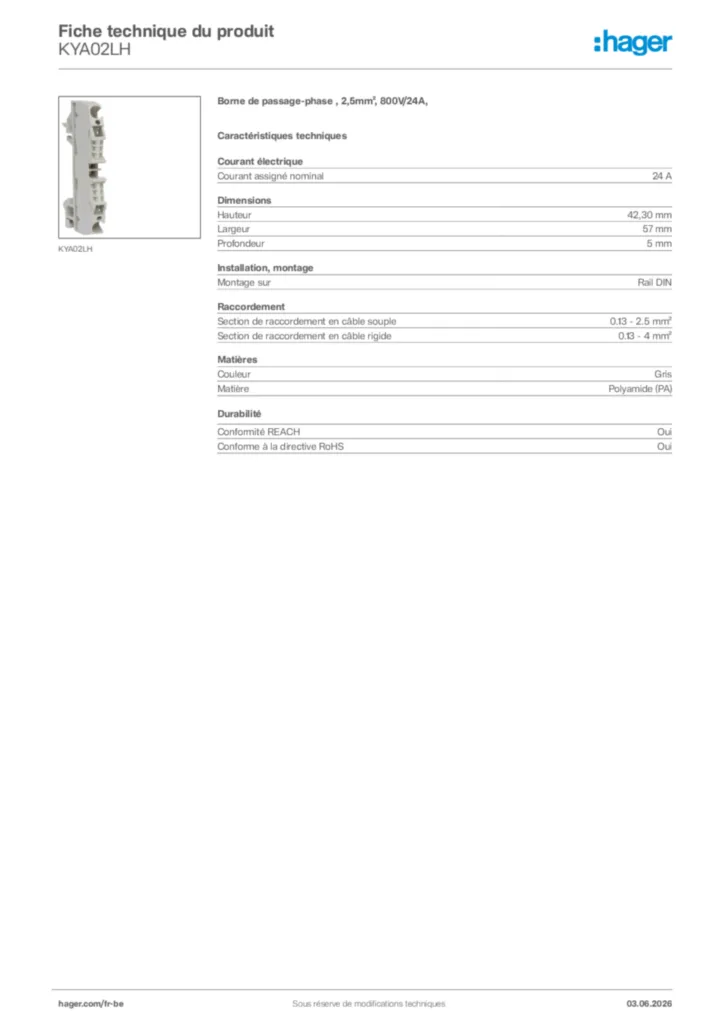 Image Hager Fiche technique du produit KYA02LH | Hager Belgique