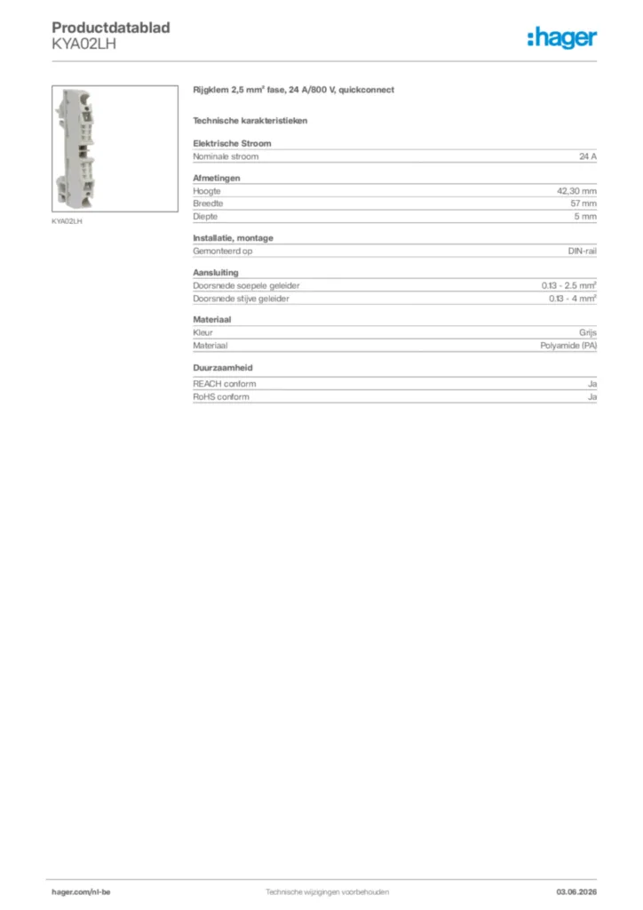 Afbeelding Hager Productdatablad KYA02LH | Hager Belgium