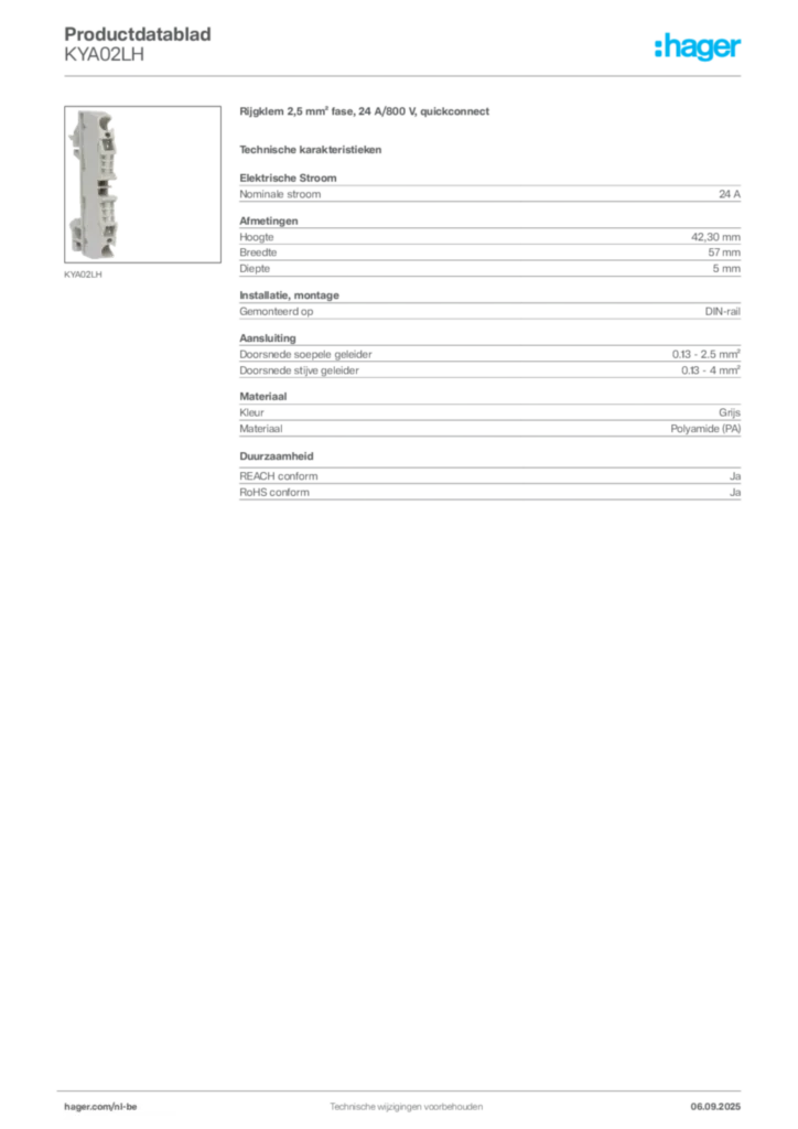 Afbeelding Hager Productdatablad KYA02LH | Hager Belgium
