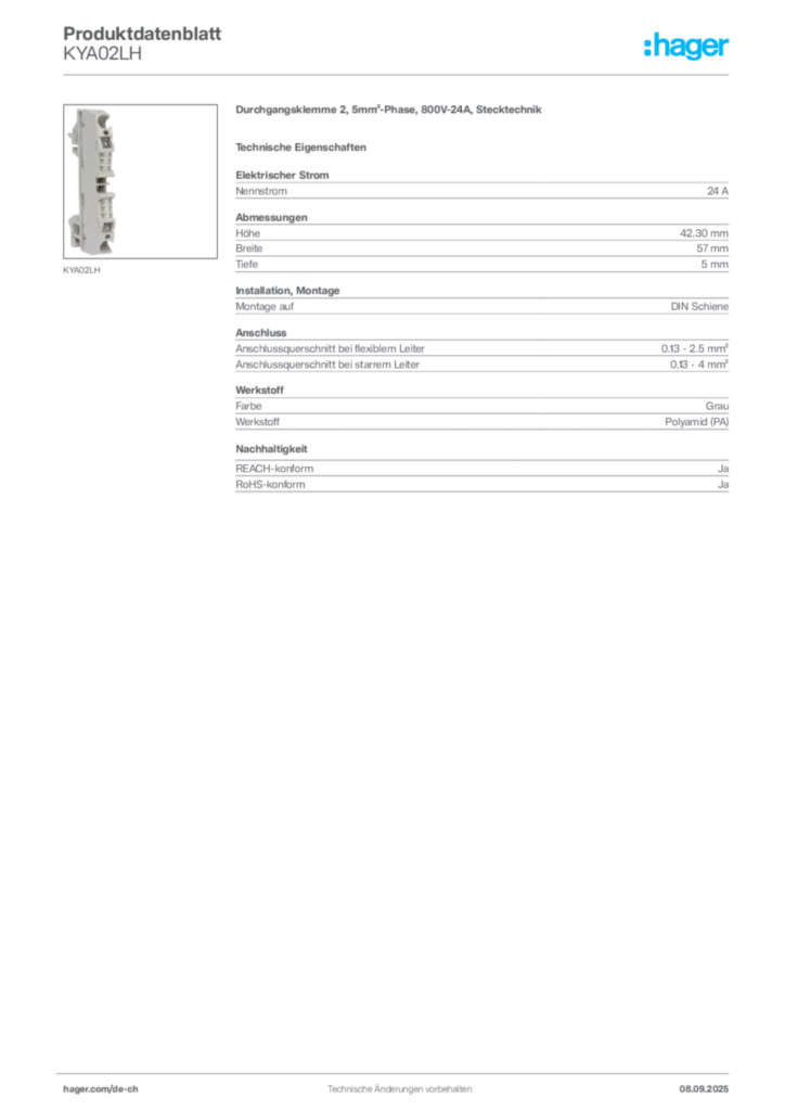 Bild Hager Produktdatenblatt KYA02LH | Hager Schweiz