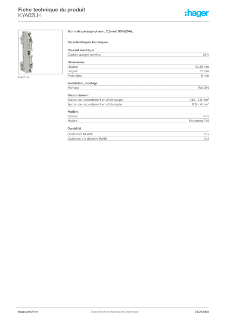 Image Hager Fiche technique du produit KYA02LH | Hager Suisse