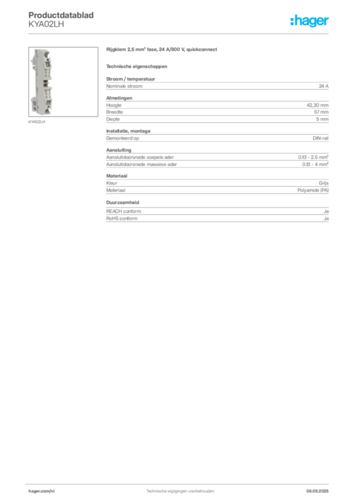 Afbeelding Hager Productdatablad KYA02LH | Hager Nederland