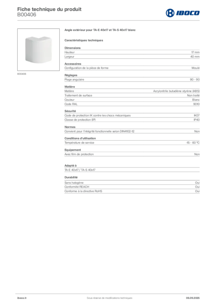 Image Iboco Fiche technique du produit B00406 | Hager France