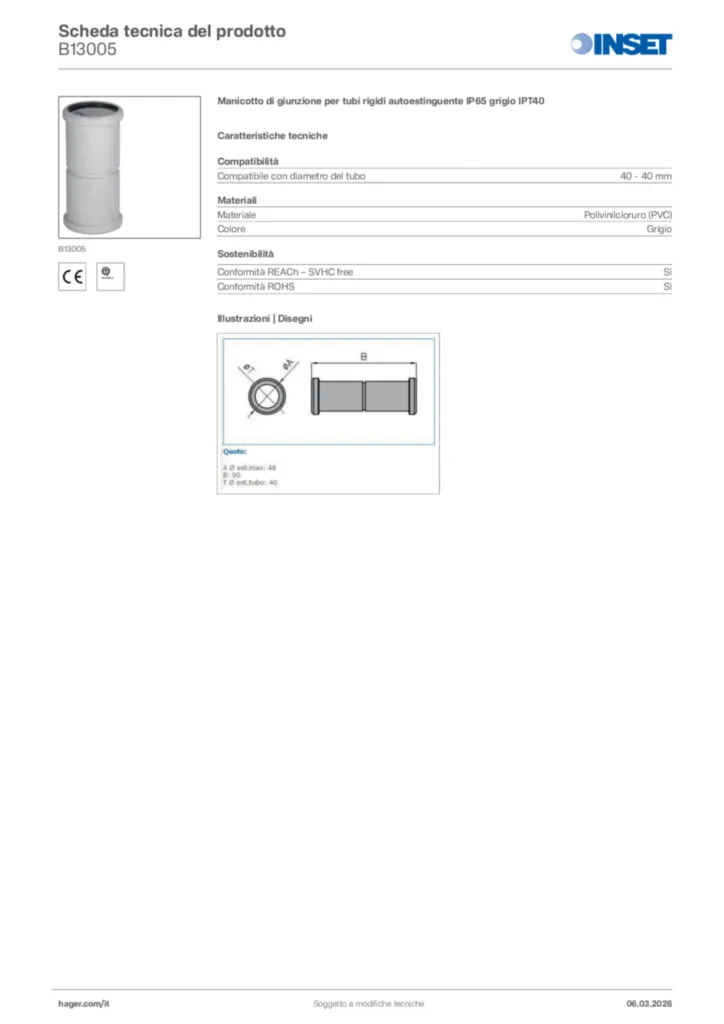 Immagine Inset Scheda tecnica del prodotto B13005 | Hager Italia