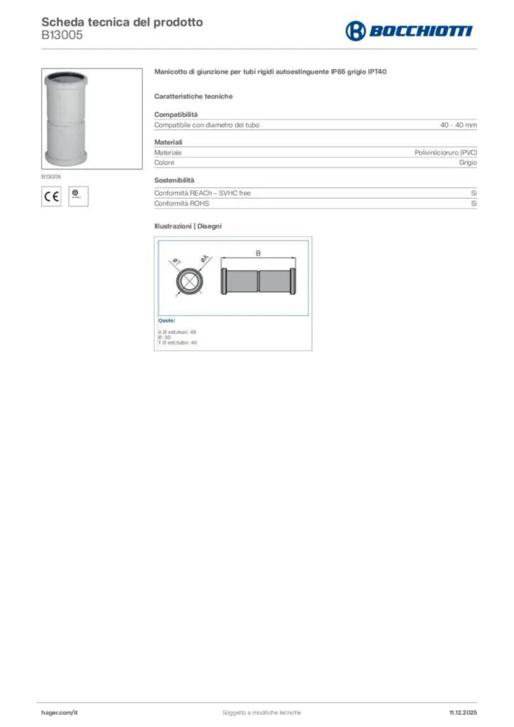 Immagine Bocchiotti Scheda tecnica del prodotto B13005 | Hager Italia