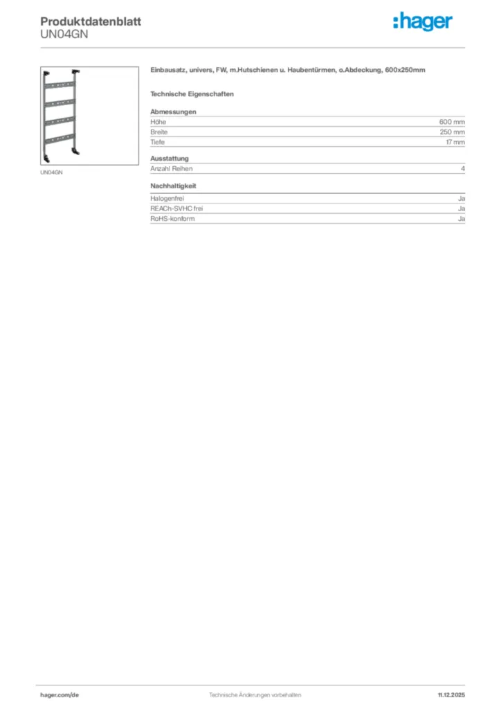 Bild Hager Produktdatenblatt UN04GN | Hager Deutschland