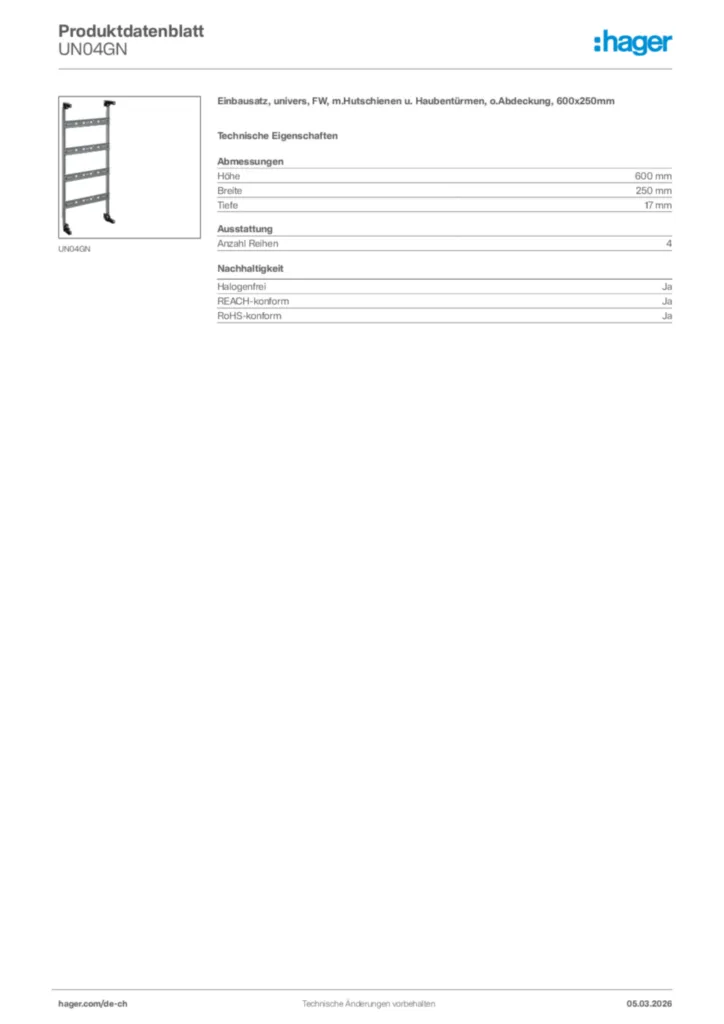 Bild Hager Produktdatenblatt UN04GN | Hager Schweiz
