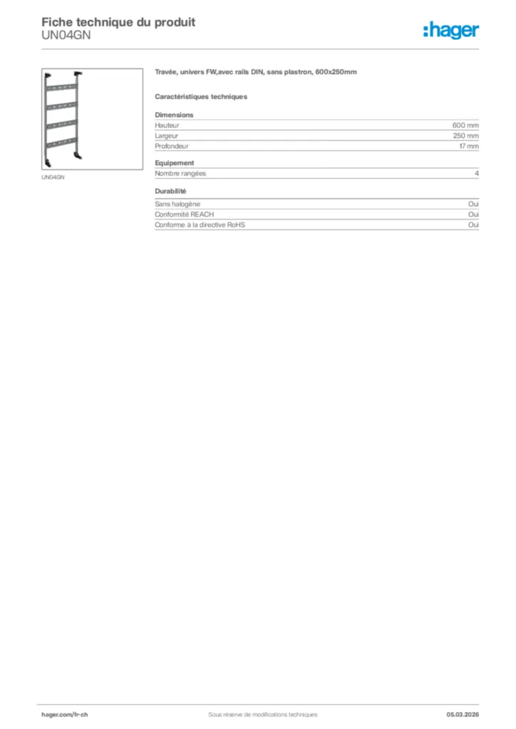 Image Hager Fiche technique du produit UN04GN | Hager Suisse