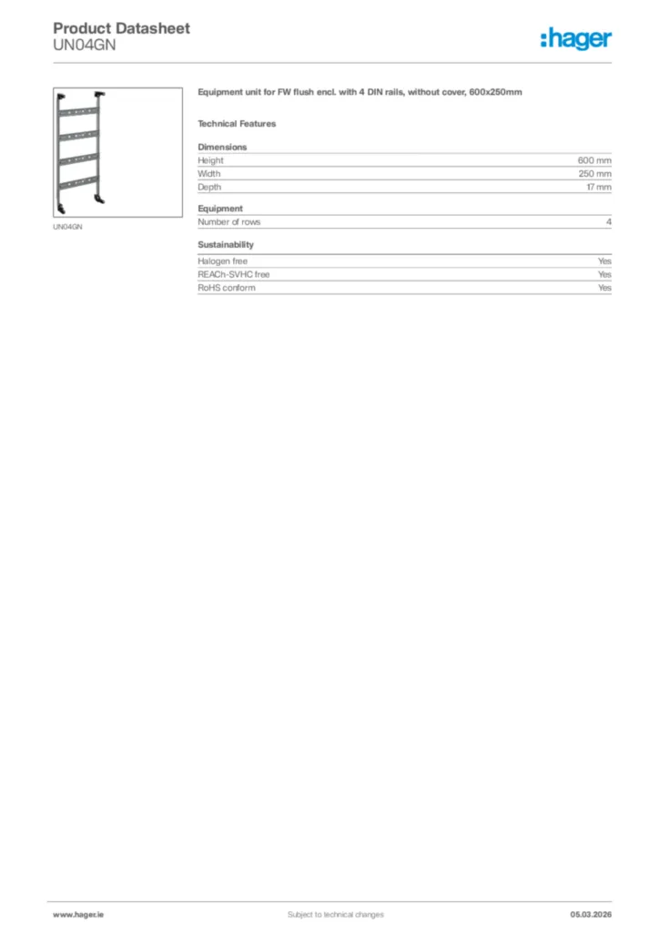 Image Hager Product data sheet UN04GN  | Hager