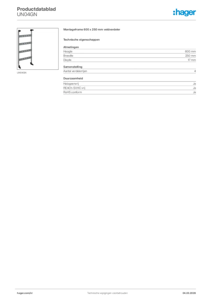 Afbeelding Hager Productdatablad UN04GN | Hager Nederland