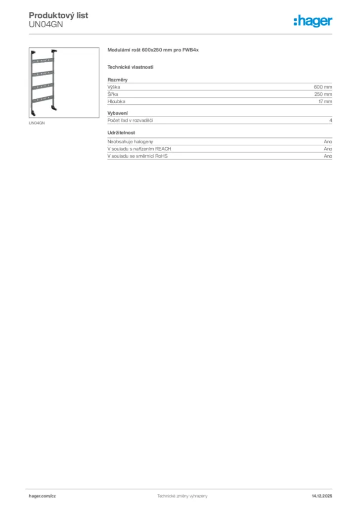 Obrázek Hager Produktový list UN04GN | Hager