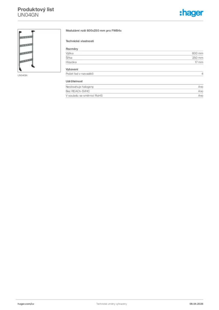 Obrázek Hager Product data sheet UN04GN | Hager