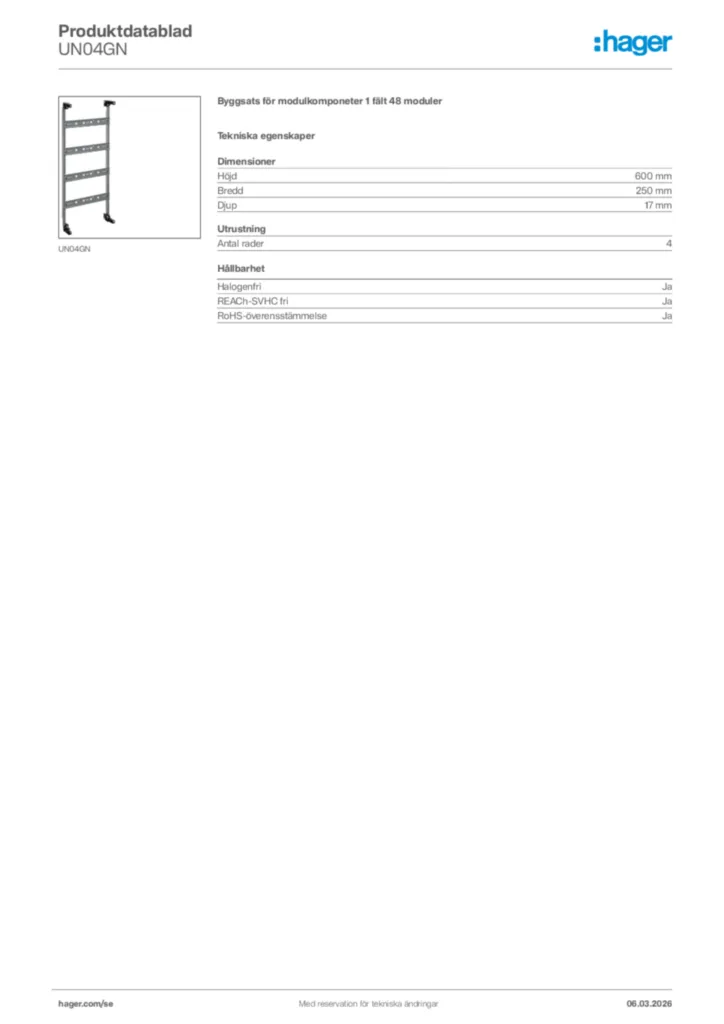 Bild Hager Produktdatablad UN04GN | Hager Sverige