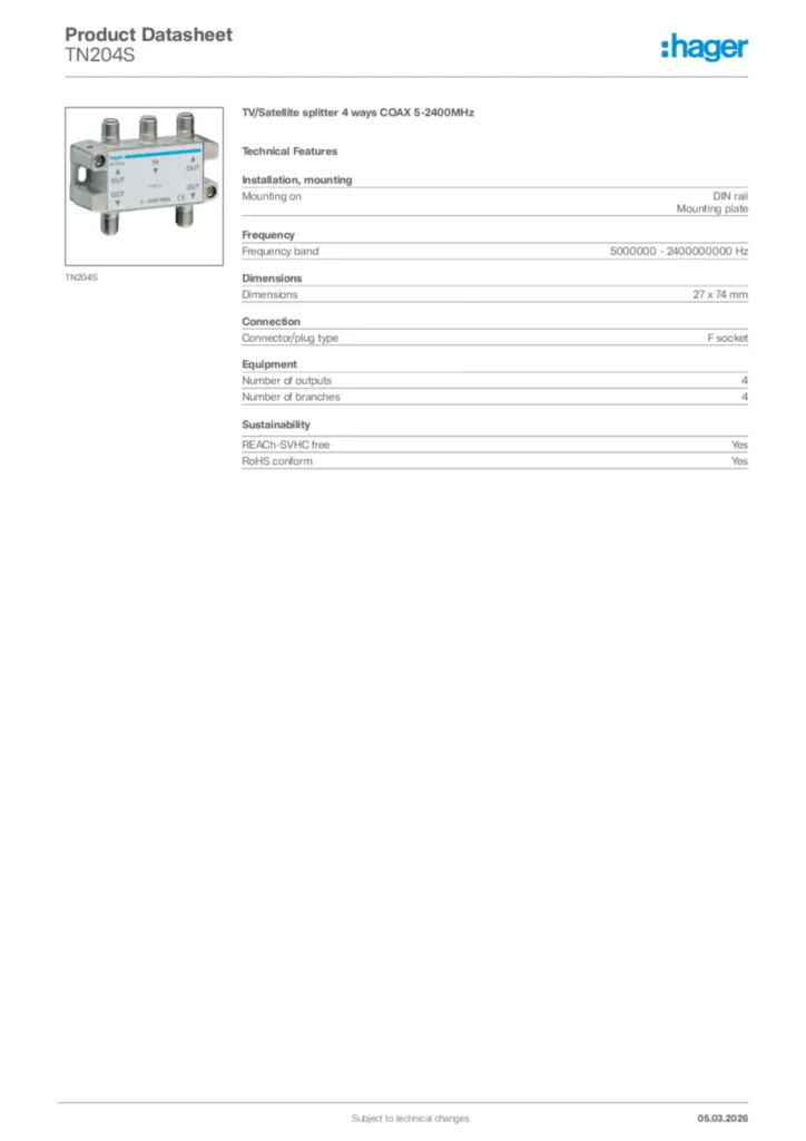 Image Hager Product data sheet TN204S  | Hager Africa
