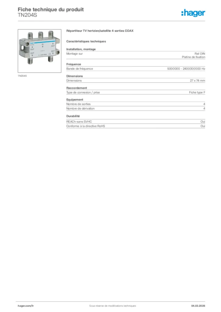 Image Hager Fiche technique du produit TN204S | Hager France