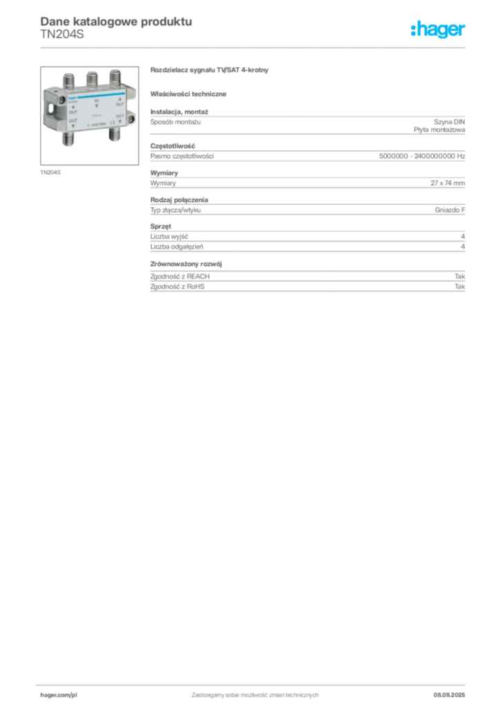 Zdjęcie Hager Dane katalogowe produktu TN204S | Hager Polska