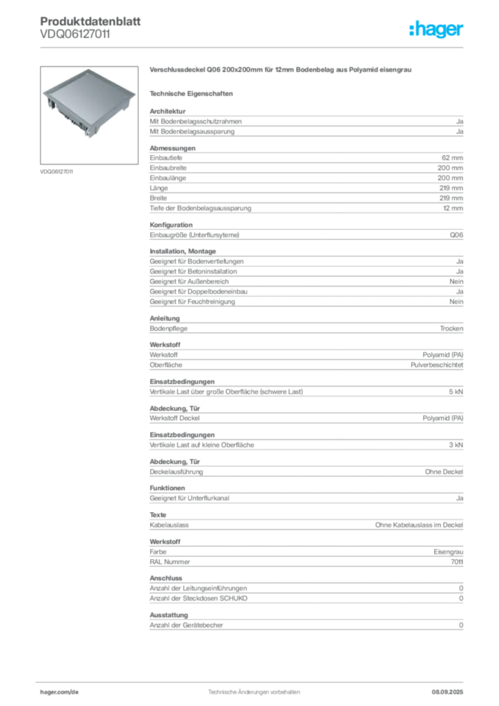 Bild Hager Produktdatenblatt VDQ06127011 | Hager Deutschland