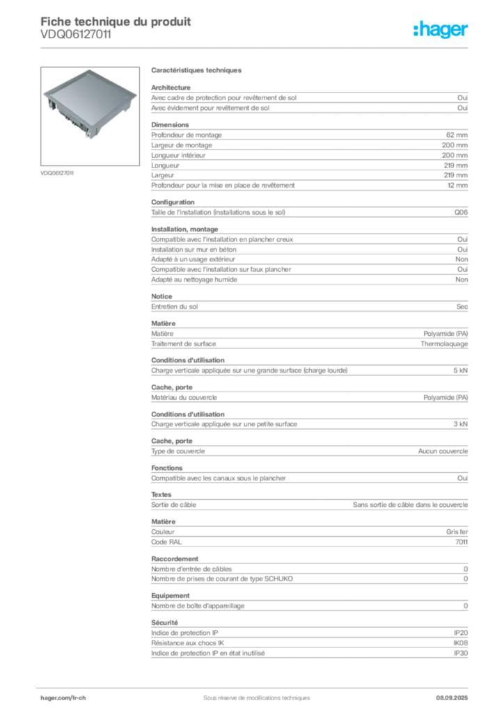 Image Hager Fiche technique du produit VDQ06127011 | Hager Suisse