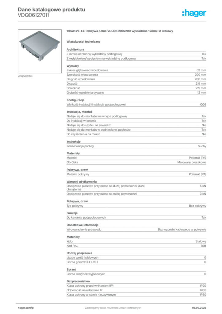 Zdjęcie Hager Dane katalogowe produktu VDQ06127011 | Hager Polska