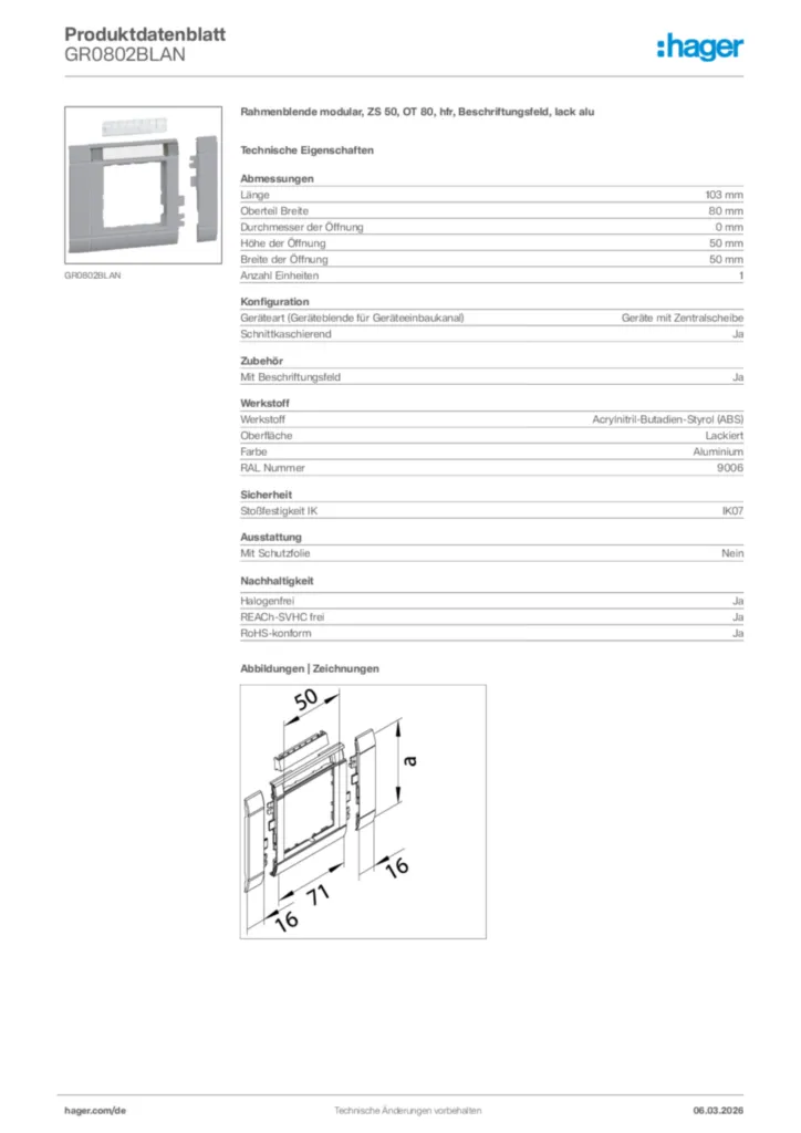 Bild Hager Produktdatenblatt GR0802BLAN | Hager Deutschland