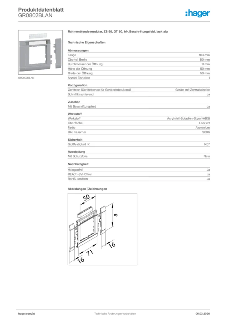 Bild Hager Produktdatenblatt GR0802BLAN | Hager Deutschland
