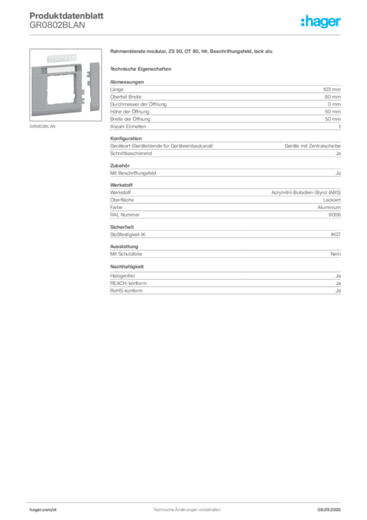 Bild Hager Produktdatenblatt GR0802BLAN | Hager Deutschland