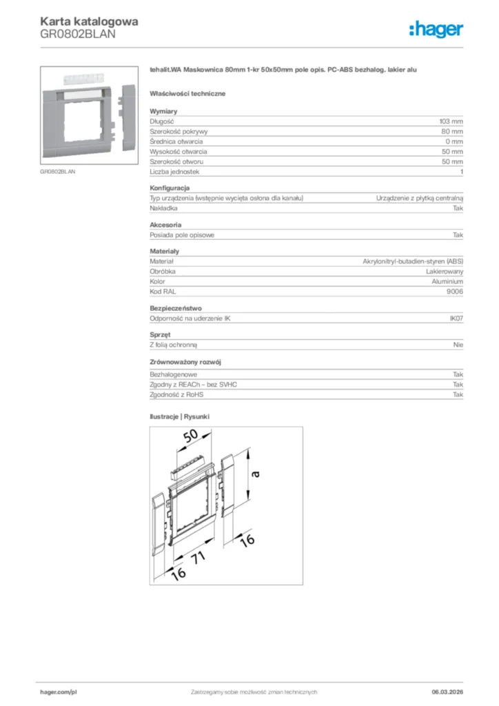 Zdjęcie Hager Karta katalogowa GR0802BLAN | Hager Polska