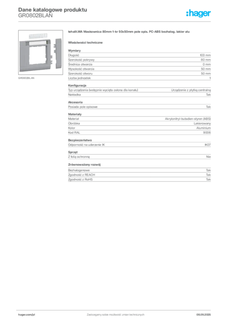 Zdjęcie Hager Dane katalogowe produktu GR0802BLAN | Hager Polska