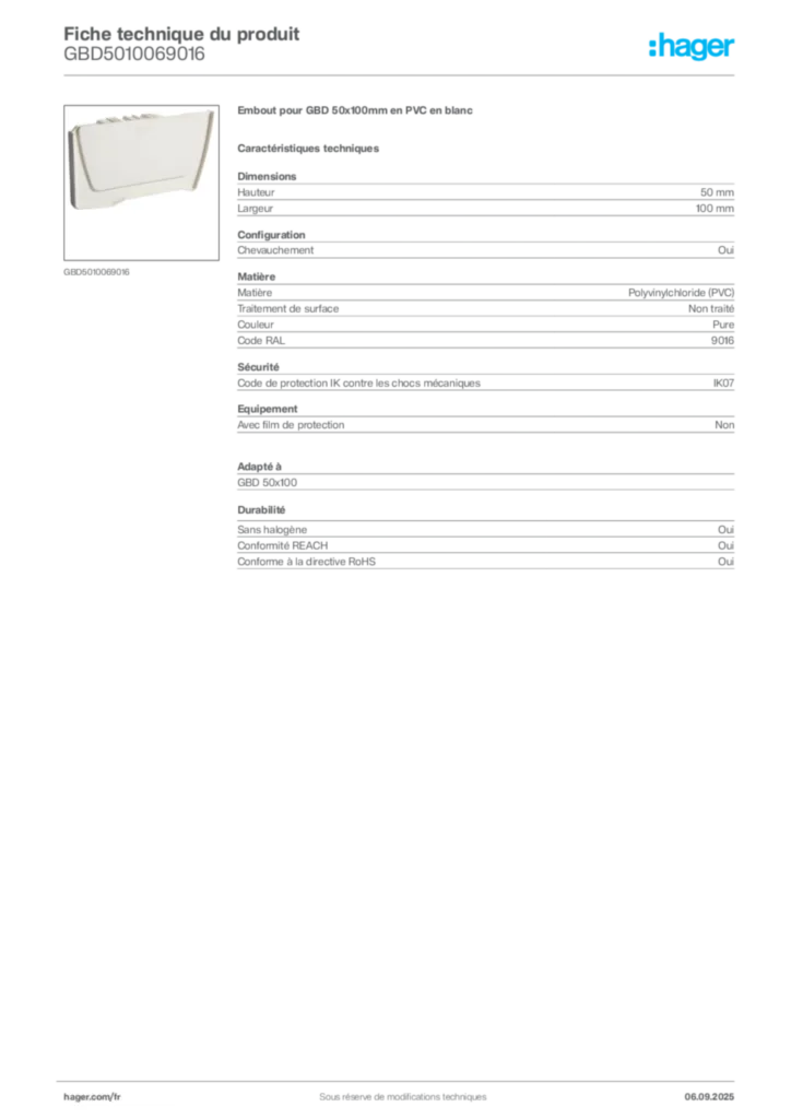 Image Hager Fiche technique du produit GBD5010069016 | Hager France