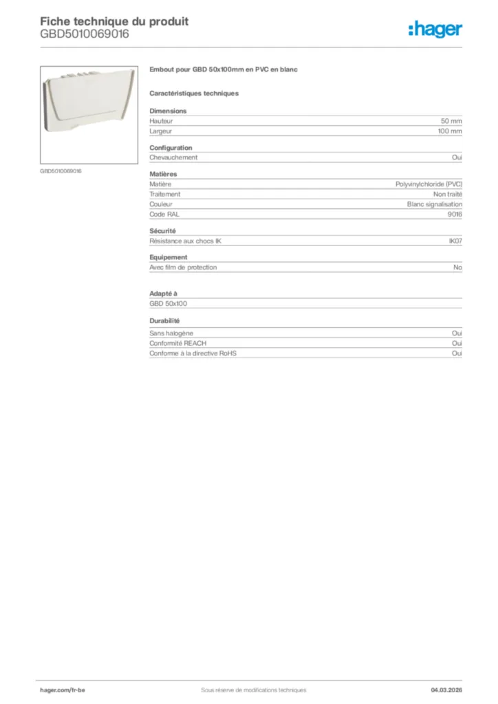 Image Hager Fiche technique du produit GBD5010069016 | Hager Belgique
