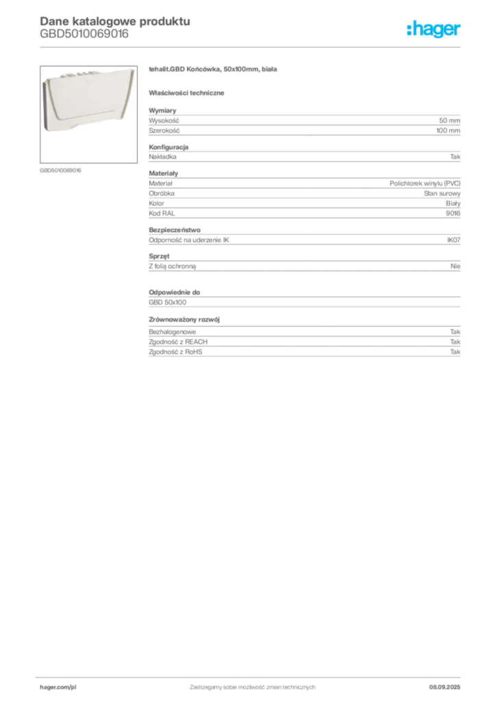 Zdjęcie Hager Dane katalogowe produktu GBD5010069016 | Hager Polska