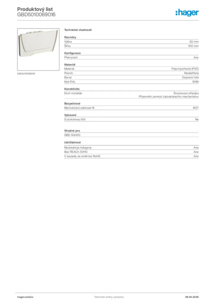 Obrázek Hager Product data sheet GBD5010069016 | Hager