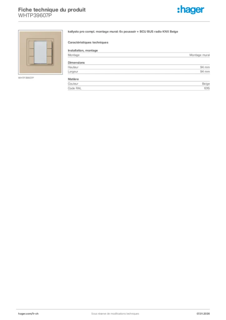 Image Hager Fiche technique du produit WHTP39607P | Hager Suisse
