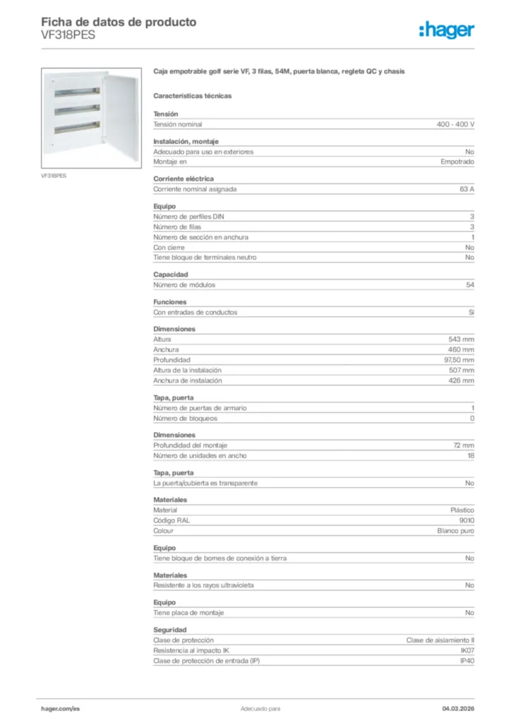Imagen Hager Ficha de datos de producto VF318PES | Hager España