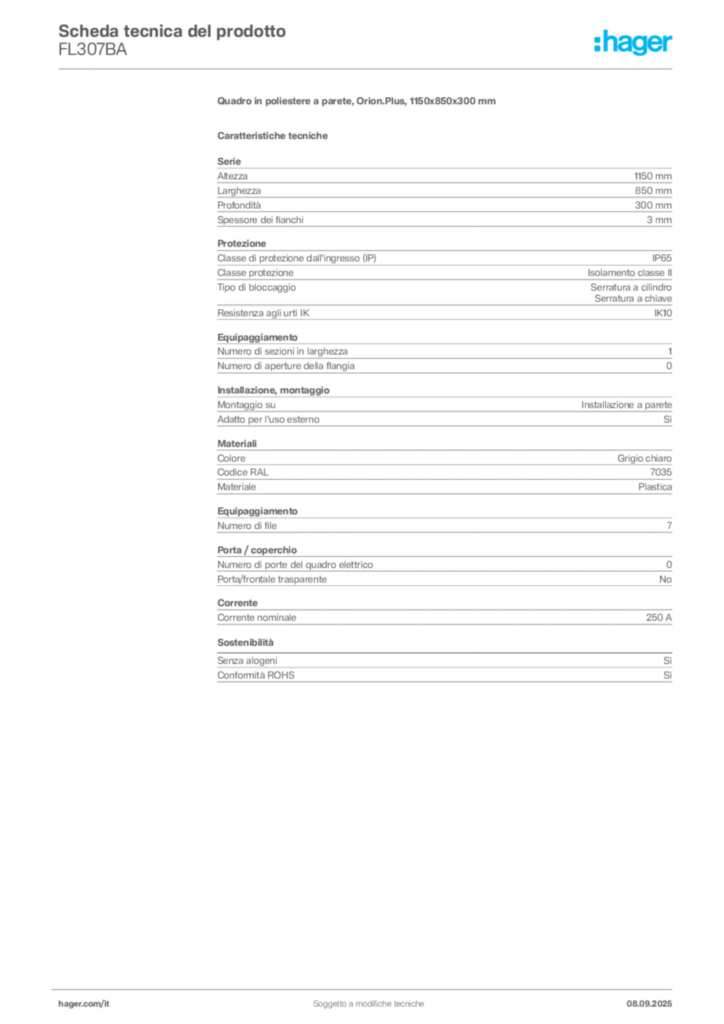 Immagine Hager Scheda tecnica del prodotto FL307BA | Hager Italia