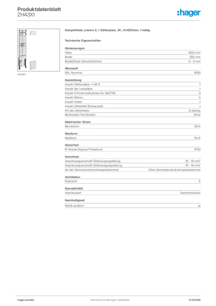 Bild Hager Produktdatenblatt ZH43X1 | Hager Deutschland