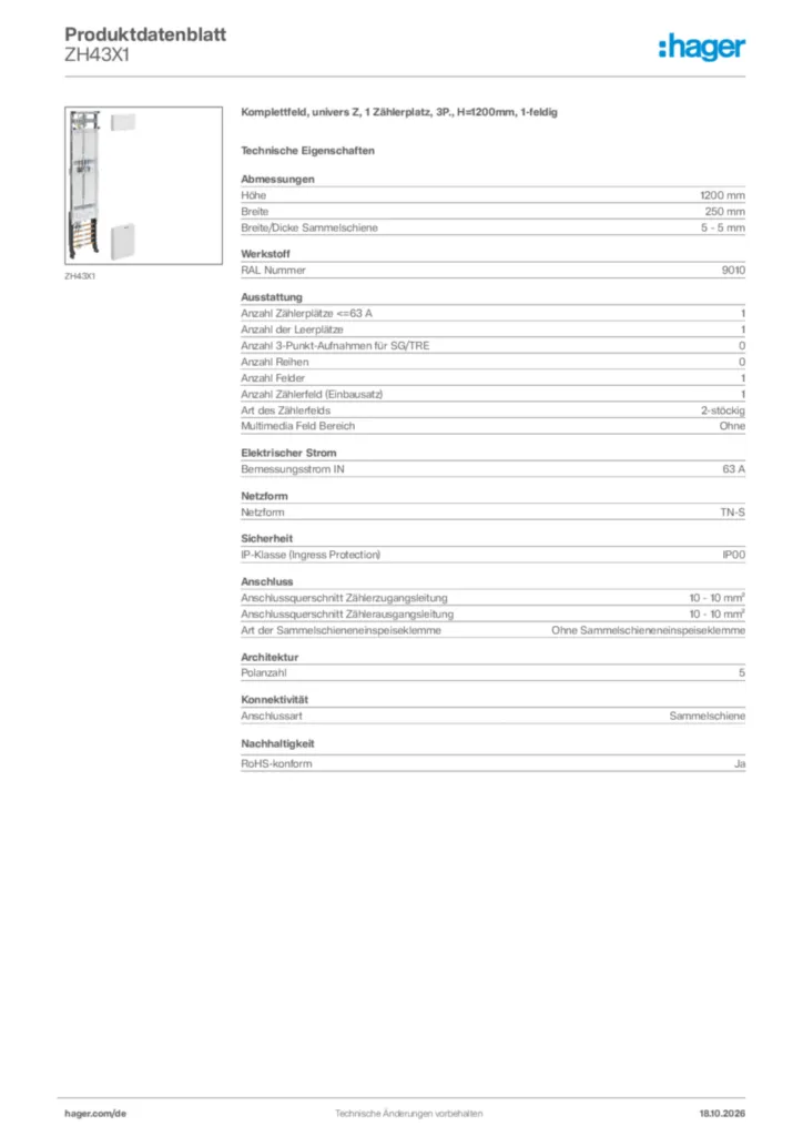 Bild Hager Produktdatenblatt ZH43X1 | Hager Deutschland