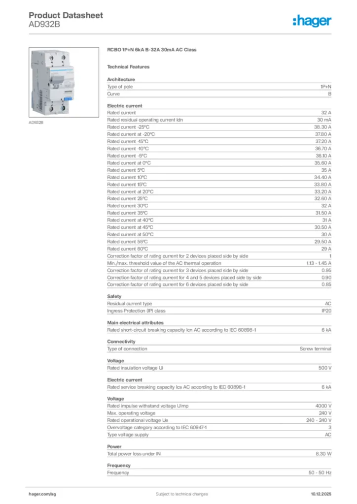 Image Hager Product data sheet AD932B  | Hager