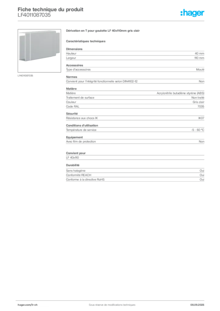 Image Hager Fiche technique du produit LF4011087035 | Hager Suisse