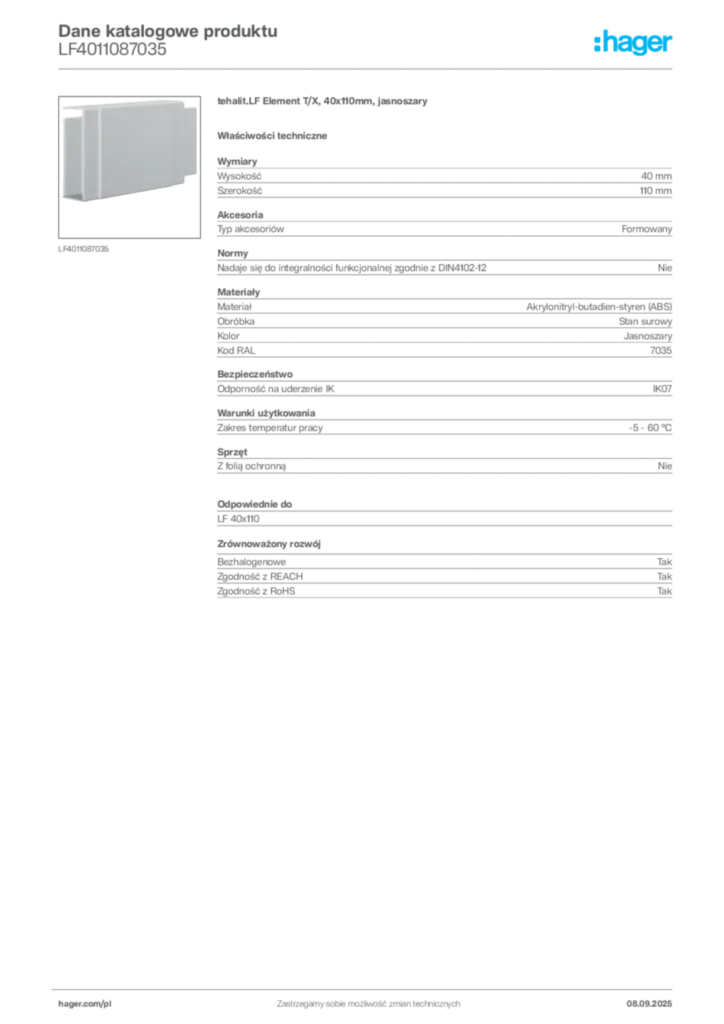 Zdjęcie Hager Dane katalogowe produktu LF4011087035 | Hager Polska