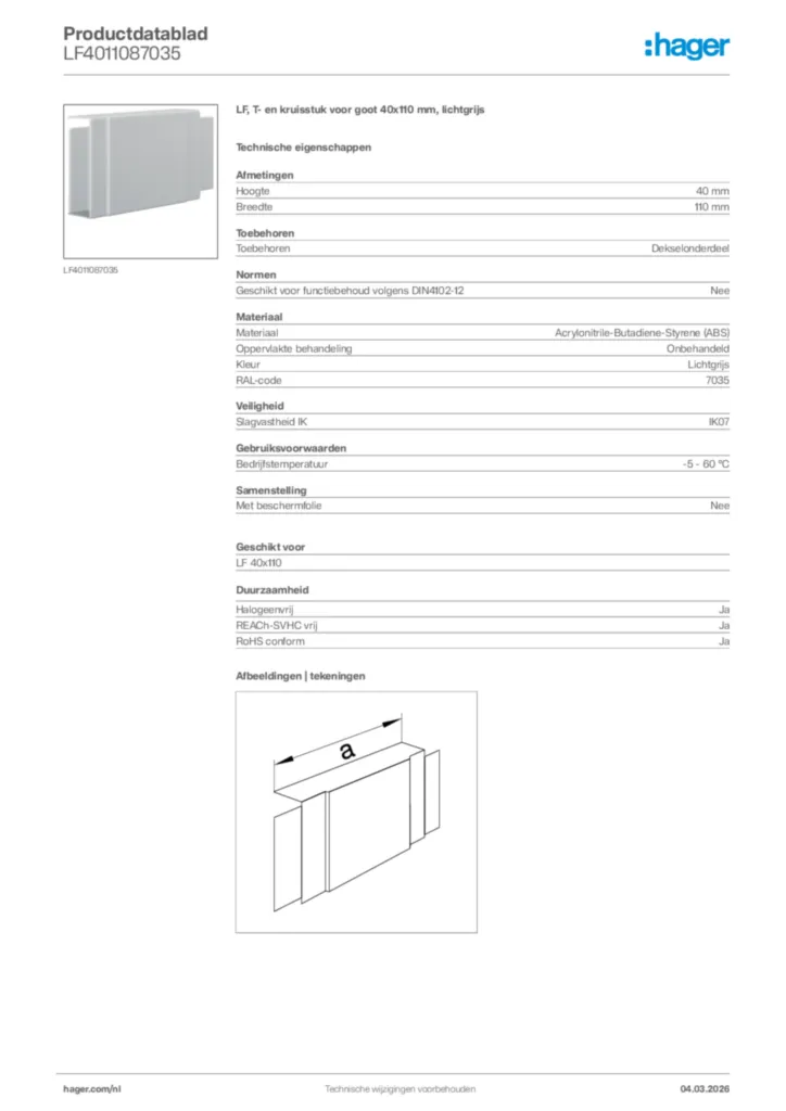 Afbeelding Hager Productdatablad LF4011087035 | Hager Nederland