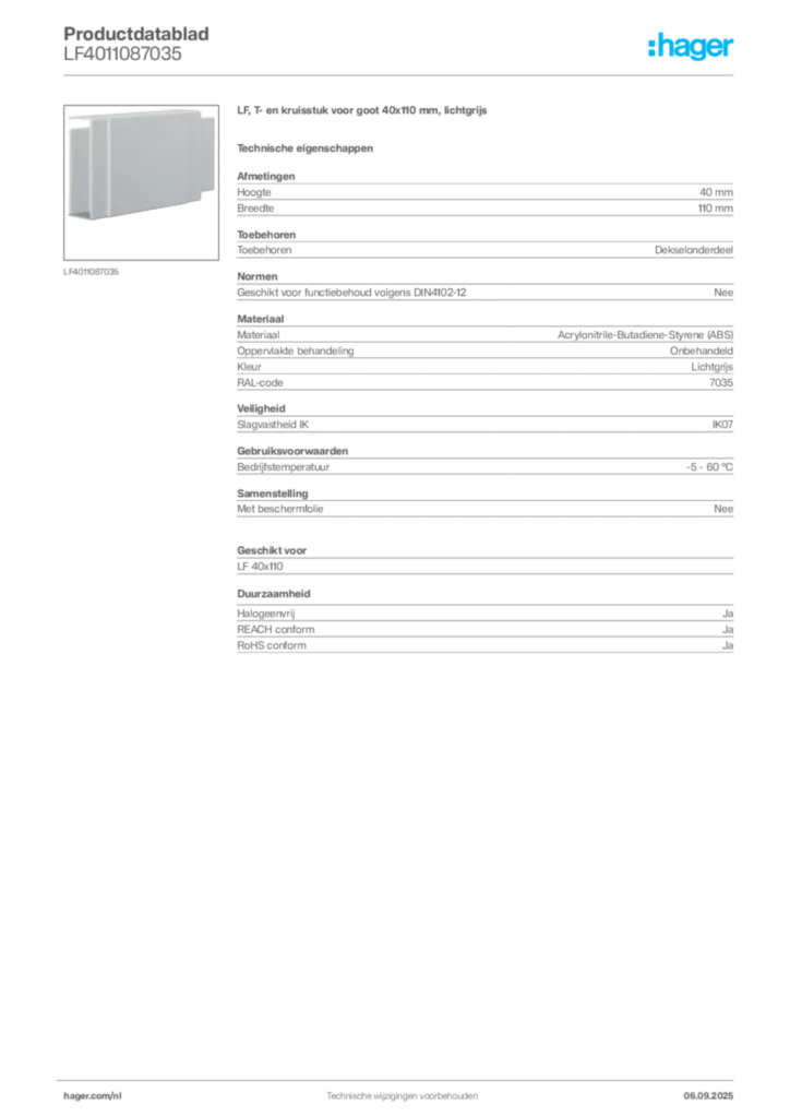 Afbeelding Hager Productdatablad LF4011087035 | Hager Nederland