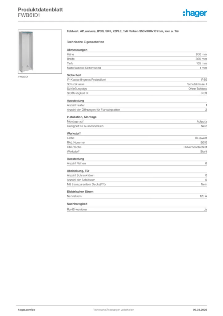 Bild Hager Produktdatenblatt FWB61D1 | Hager Deutschland