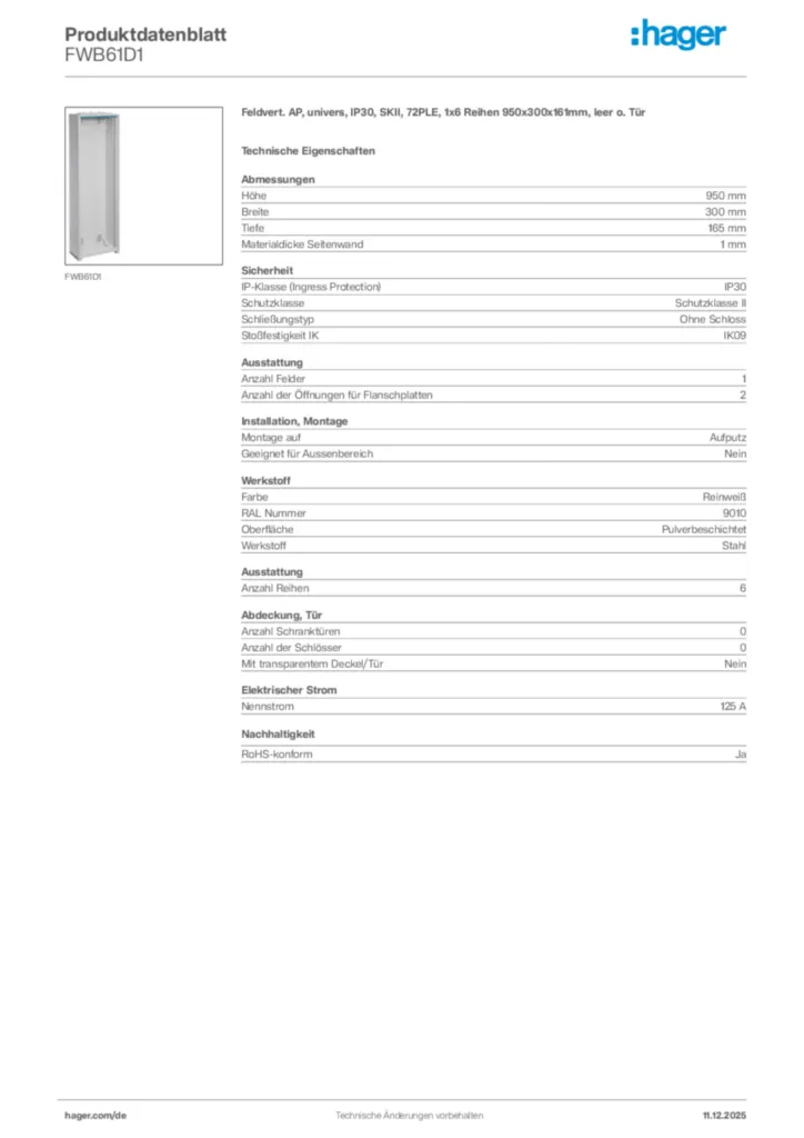 Bild Hager Produktdatenblatt FWB61D1 | Hager Deutschland